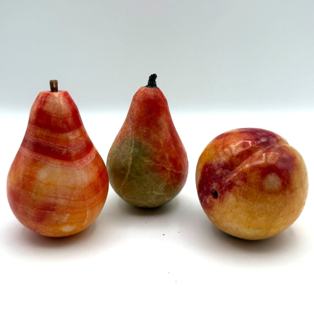 Lot of 3 Alabaster Stone Fruit Pears Peach Nectarine Onyx Hand Carved Marbled